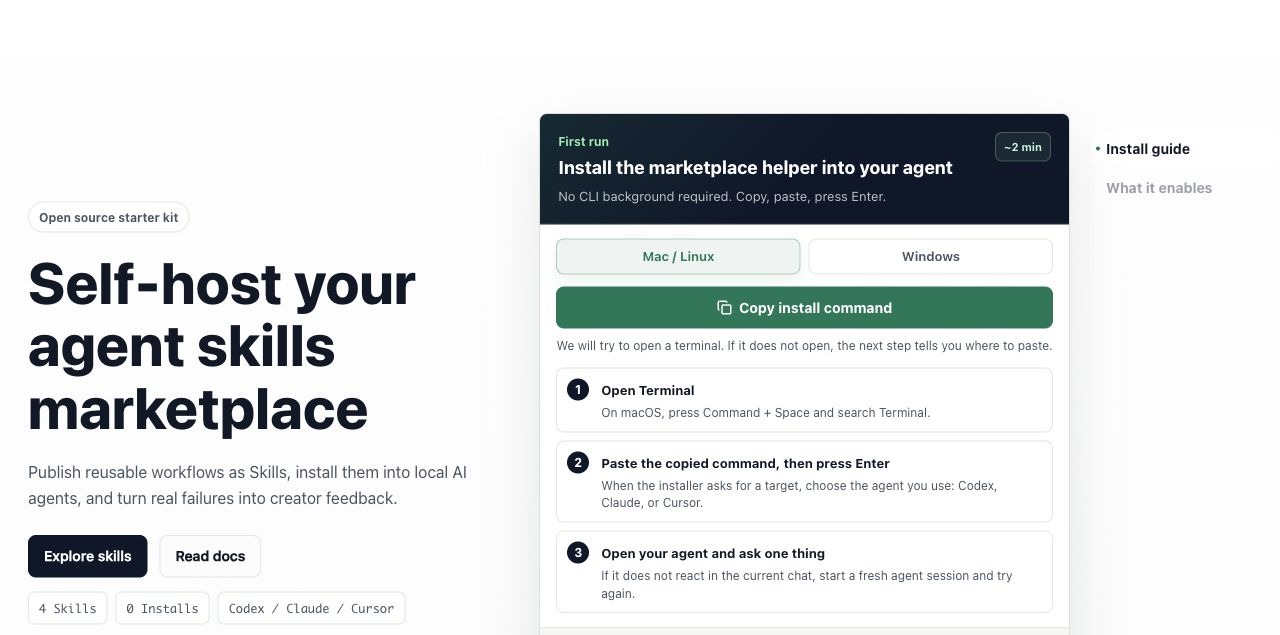 Skills Marketplace hero for a self-hosted agent skills marketplace