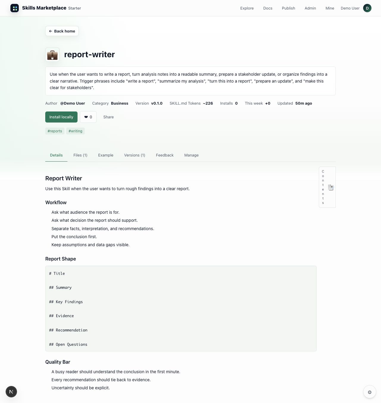 Skill detail page for a report writer Skill
