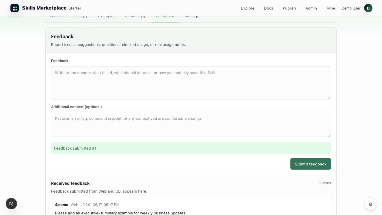 Feedback panel for submitting improvement notes on a Skill